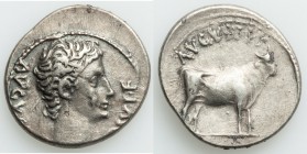 Augustus (27 BC-AD 14). AR denarius (19mm, 3.87 gm, 6h). VF. Rome / Pergamum mints, 15-13 BC. AVGVSTVS-DIVI•F, bare head of Augustus right / AVGVSTVS,...
