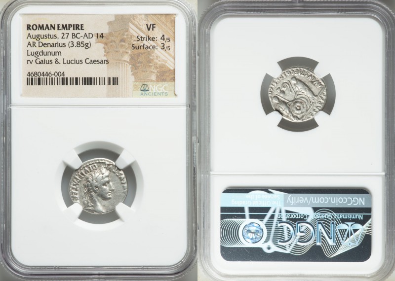 Augustus (27 BC-AD 14). AR denarius (18mm, 3.85 gm, 4h). NGC  VF 4/5 - 3/5. Lugd...