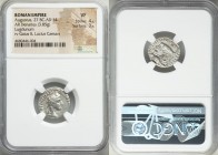 Augustus (27 BC-AD 14). AR denarius (18mm, 3.85 gm, 4h). NGC  VF 4/5 - 3/5. Lugdunum, 2 BC-AD 4. CAESAR AVGVSTVS-DIVI F PATER PATRIAE, laureate head o...