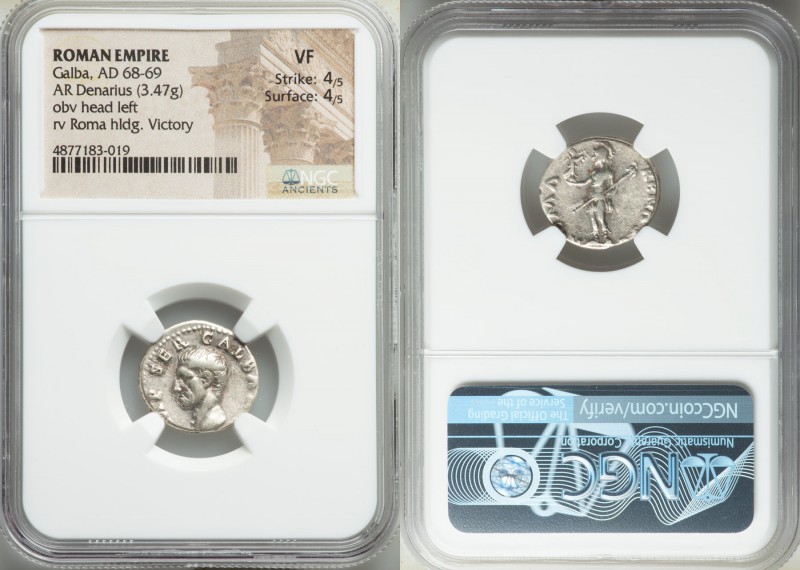 Galba (AD 68-69). AR denarius (18mm, 3.47 gm, 6h). NGC VF 4/5 - 4/5. Rome, July ...