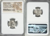 Domitian (AD 81-96). AR denarius (18mm, 3.30 gm, 6h). NGC Choice AU 5/5 - 5/5. Rome, AD 93-94. IMP CAES DOMIT AVG-GERM P M TR P XIII, laureate head of...