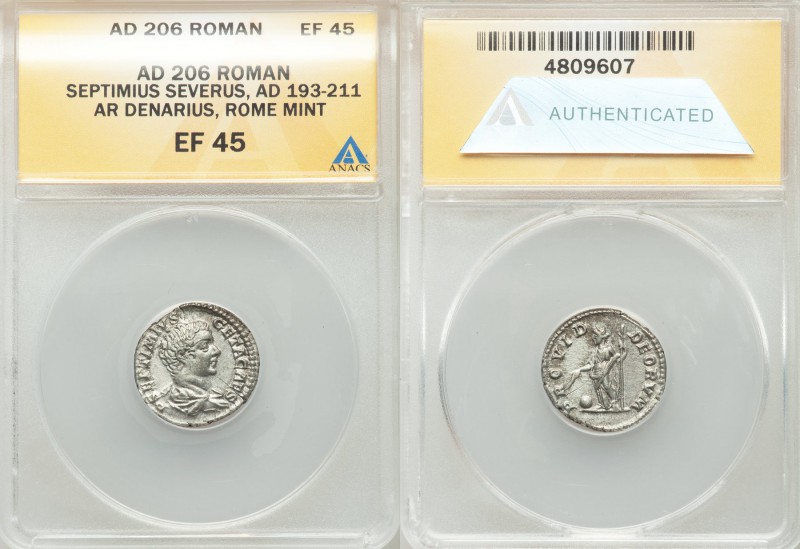 Geta, as Caesar (AD 209-211). AR denarius (18mm, 12h). ANACS EF 45. Rome, AD 206...