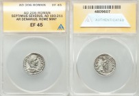 Geta, as Caesar (AD 209-211). AR denarius (18mm, 12h). ANACS EF 45. Rome, AD 206. P SEPTIMIVS GETA CAES, bareheaded draped and cuirassed bust right / ...