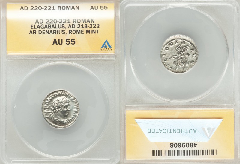 Elagabalus (AD 218-222). AR denarius (19mm, 6h). ANACS AU 55. Rome. AD 220-221. ...