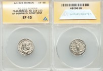Elagabalus (AD 218-222). AR denarius (19mm, 11h). ANACS EF 45. Rome, AD 221. IMP ANTONINVS-PIVS AVG, laureate, horned, draped bust of Elagabalus right...