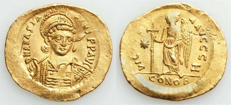 Anastasius I (AD 498-518). AV solidus (21mm, 4.43 gm, 7h). XF, marks. Constantin...
