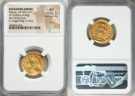 Phocas (AD 602-610). AV solidus (22mm, 4.44 gm, 7h). NGC AU 5/5 - 3/5, crimp. Constantinople, 10th officina, AD 607-609. d N FOCAS-PЄRP AVG, crowned, ...