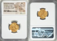 Constans II Pogonatus (AD 641-668) and Constantine IV. AV solidus (20mm, 4.42 gm, 7h). NGC MS 4/5 - 3/5, clipped, scuffs. Constantinople, 1st officina...