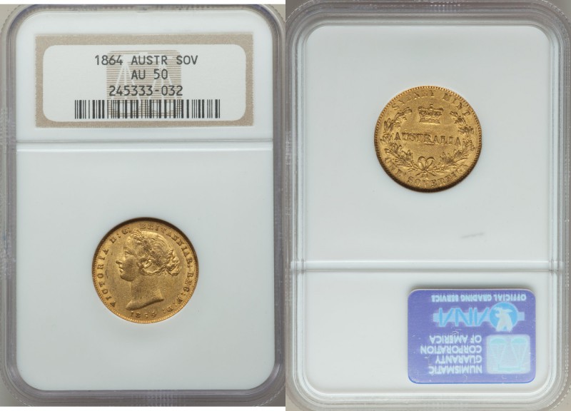 Victoria gold Sovereign 1864-SYDNEY AU50 NGC, Sydney mint, KM4. AGW 0.2353 oz.

...