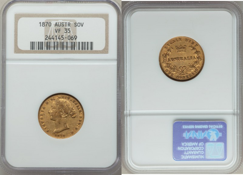 Victoria gold Sovereign 1870-SYDNEY VF35 NGC, Sydney mint, KM4. AGW 0.2353 oz.

...