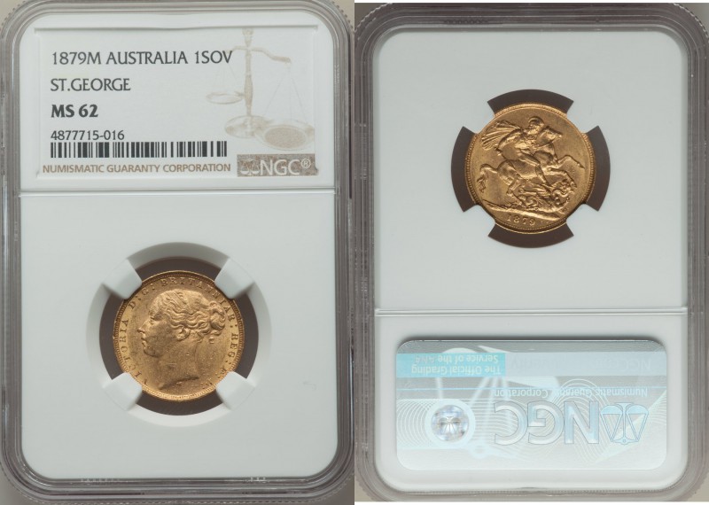 Victoria gold "St. George" Sovereign 1879-M MS62 NGC, Melbourne mint, KM7. AGW 0...