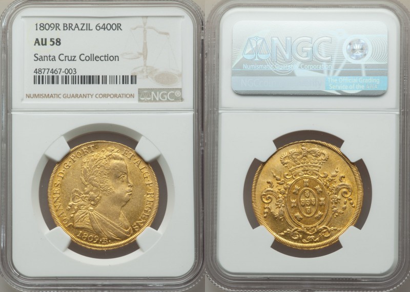 João Prince Regent gold 6400 Reis 1809-R AU58 NGC, Rio de Janeiro mint, KM236.1....