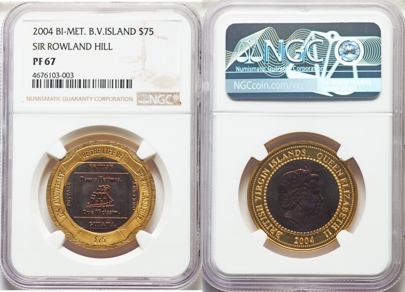 British Colony. Elizabeth II bi-metallic titanium & gold Proof 75 Dollars 2004 P...