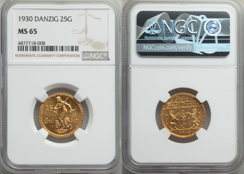 Free City gold 25 Gulden 1930 MS65 NGC, KM150, Fr-44. Mintage of just 4,000 piec...
