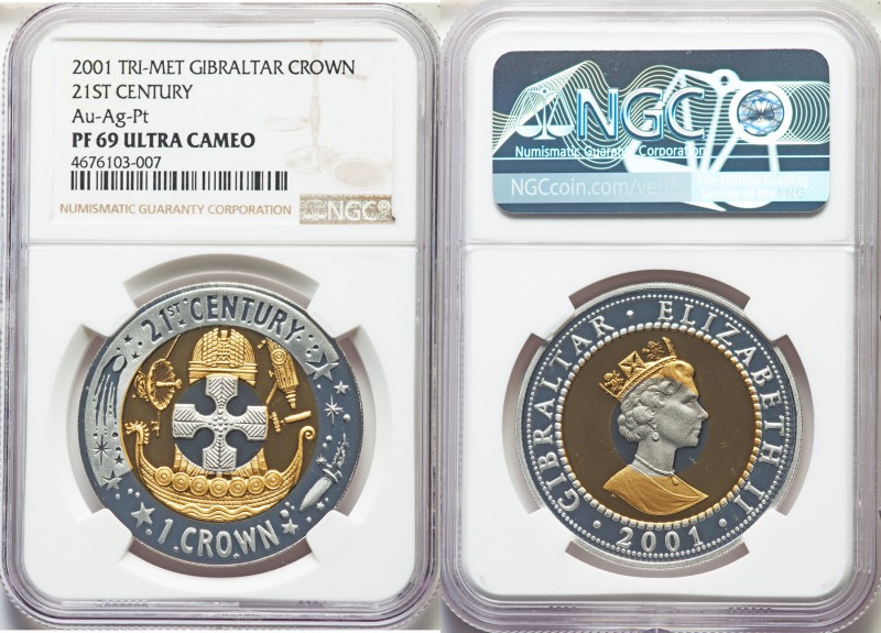 Elizabeth II tri-metallic gold, silver, & platinum Proof Crown 2001 PR69 Ultra C...