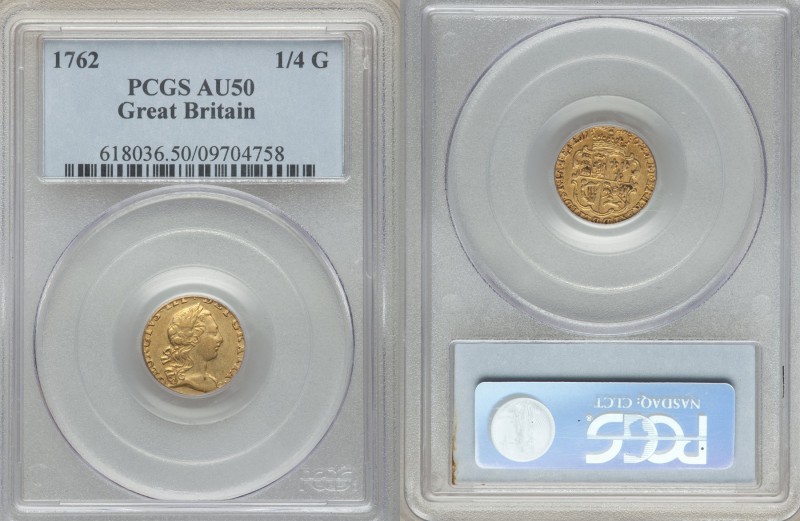 George III gold 1/4 Guinea 1762 AU50 PCGS, KM592, S-3741. AGW 0.0615 oz.

HID098...