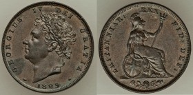 William IV 3-Piece Lot of Uncertified Assorted Issues, 1) Farthing 1829 - AU (obverse spot), KM697. 2) 1/2 Penny 1826 - UNC (reverse spot), KM692. 3) ...