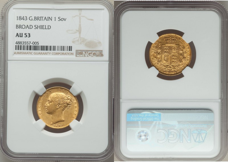 Victoria gold "Broad Shield" Sovereign 1843 AU53 NGC, KM736.1. AGW 0.2355 oz.

H...