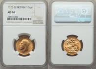 George V gold Sovereign 1925 MS66 NGC, KM820. AGW 0.2355 oz. Very high grade for type with lovely apricot toning. 

HID09801242017