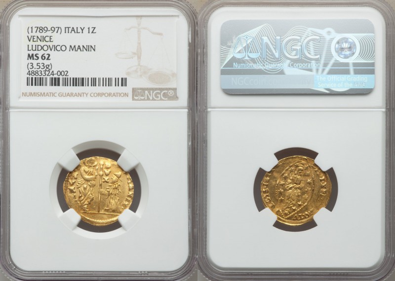 Venice. Ludovico Manin (1789-1797) gold Zecchino ND MS62 NGC, KM755, Fr-1445. 21...