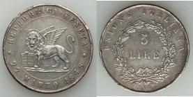 Venice. Pair of Uncertified Revolutionary 5 Lire 1848, 1) 5 Lire - About XF (cleaned, mount removed, scratches), KM804. 37mm. 2) 5 Lire - XF, KM803. 3...