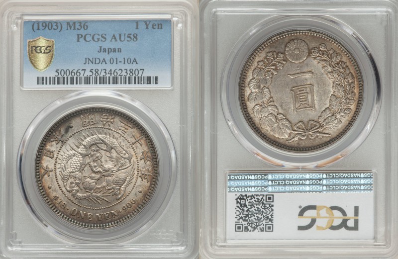 Meiji Pair of Certified Assorted Yen, 1) Year 36 (1903) - AU58 PCGS, KM-YA25.3. ...