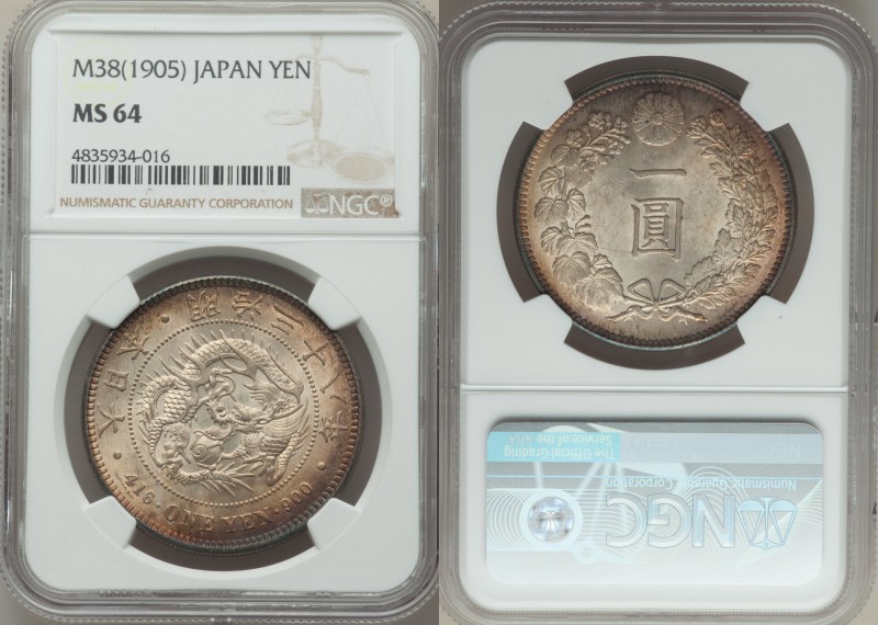 Meiji Yen Year 38 (1905) MS64 NGC, KM-YA25.3. Dark gunmetal blue blending into r...