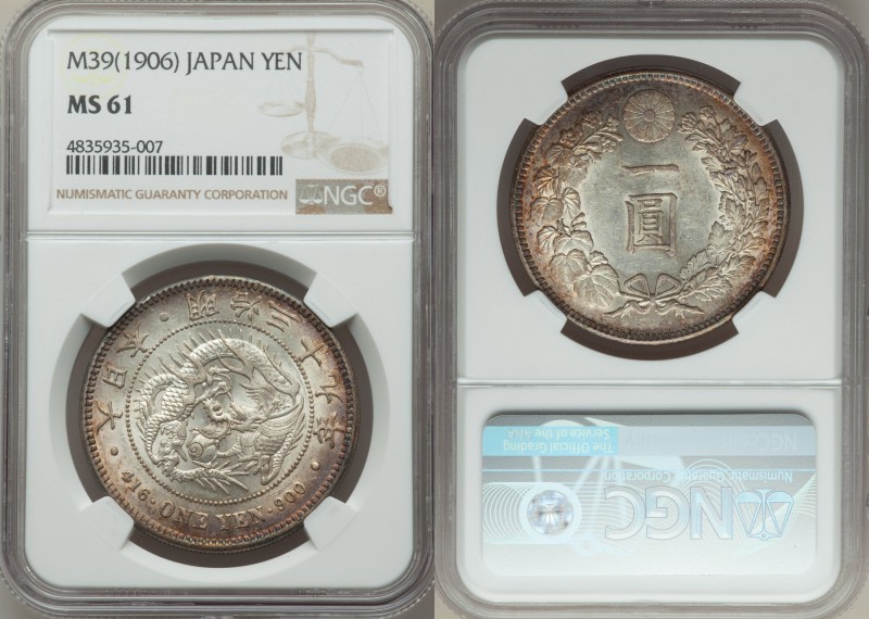 Meiji Yen Year 39 (1906) MS61 NGC, KM-YA25.3. Red gold peripheral toning, lustro...