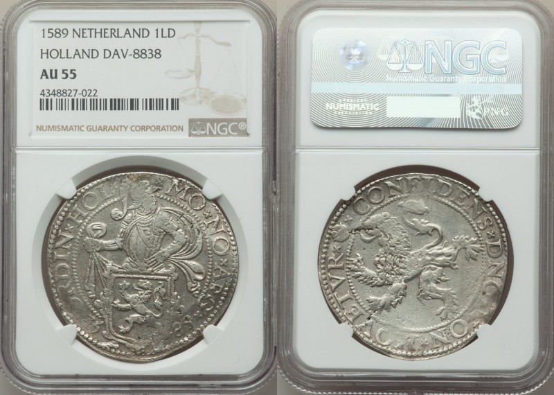 Holland. Provincial Lion Daalder 1589 AU55 NGC, Dav-8838. Armored knight right a...