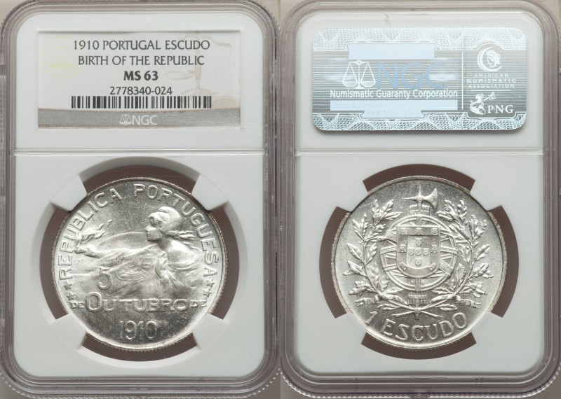 Republic Escudo 1910 MS63 NGC, KM560. Birth of the Republic commemorative. Struc...