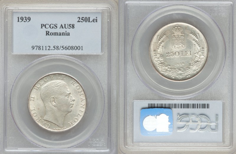 Pair of Certified Assorted Issues AU58 PCGS, 1) 250 Lei 1939, AU58 PCGS, KM57. 2...