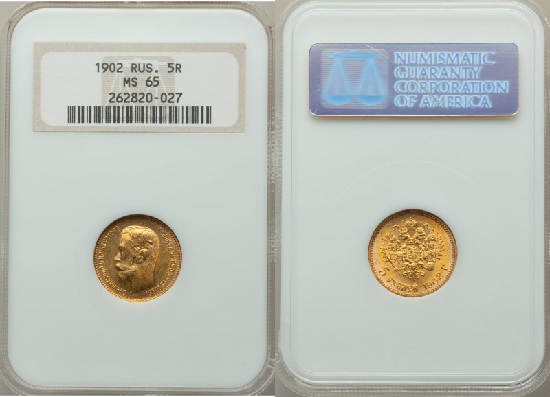 Nicholas II gold 5 Roubles 1902-AP MS65 NGC, St. Petersburg mint, KM-Y62. AGW 0....