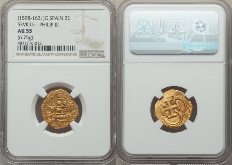 Philip III (1598-1621) gold Cob 2 Escudos ND AU55 NGC, Seville mint, KM84.3, Fr-...