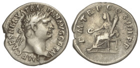 Roman Coins: Roman Empire
Denario. 101-102 d.C. TRAJANO. Anv.: IMP. CAES. NERVA TRAIAN. AVG. GERM. Cabeza laureada a derecha. Rev.: P. M. TR. P. COS....