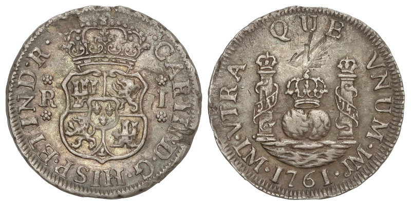 Spanish Monarchy: Charles III
Real. 1761. LIMA. J.M. 3,4 grs. Columnario. (Golp...