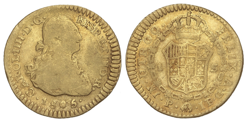 Spanish Monarchy: Charles IV
1 Escudo. 1805. POPAYÁN. J.F. (Rayitas). AC-1166. ...