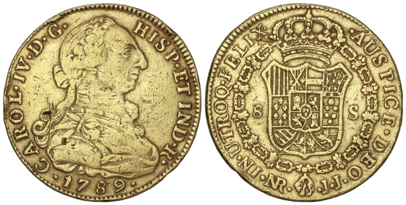 Spanish Monarchy: Charles IV
8 Escudos. 1789. NUEVO REINO. J.J. 26,90 grs. Bust...