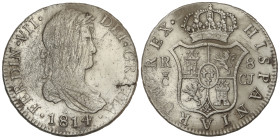 Spanish Monarchy: Ferdinand VII
8 Reales. 1814. CÁDIZ. C.J. 26,38 grs. (Múltiples rayitas y pequeña grieta en anverso). ESCASA. AC-1154. (MBC).