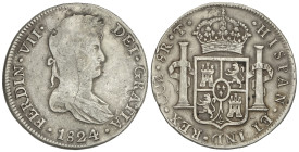 Spanish Monarchy: Ferdinand VII
8 Reales. 1824. CUZCO. T. 26,51 grs. (Agujero tapado a las 12h, hojita en anverso y rayitas). AC-1178. MBC-.