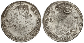 Spanish Monarchy: Ferdinand VII
8 Reales. 1813. DURANGO. M.Z. 26,10 grs. (Acuñación descuidada, cuño oxidado). ESCASA. AC-1187. (MBC-). Ex Colección ...