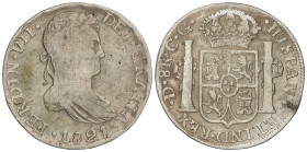 Spanish Monarchy: Ferdinand VII
8 Reales. 1821. DURANGO. C.G. Anv.: La V de VII es una A invertida. 22,05 grs. (Acuñación floja). RARA. AC-1199 vte; ...