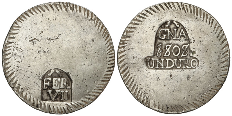 Spanish Monarchy: Ferdinand VII
1 Duro. 1808. GIRONA. 26,20 grs. (Limpiada). AC...