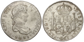Spanish Monarchy: Ferdinand VII
8 Reales. 1811. GUATEMALA. M. 26,94 grs. (Rayitas de ajuste y golpecitos en canto. Acuñación parcialmente floja). ESC...