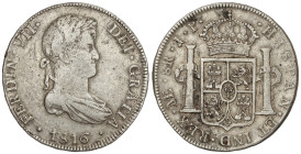 Spanish Monarchy: Ferdinand VII
8 Reales. 1816. LIMA. J.P. 27,23 grs. (Leves oxidaciones limpiadas). AC-1249. MBC-/MBC.