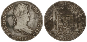 Spanish Monarchy: Ferdinand VII
8 Reales. 1819. LIMA. J.P. 26,58 grs. (Manchas y rayita en anverso). AC-1252. MBC-.