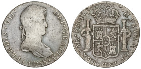 Spanish Monarchy: Ferdinand VII
8 Reales. 1823. LIMA. J.P. 25,51 grs. (Limpiada, hojitas en reverso). AC-1255. MBC-.