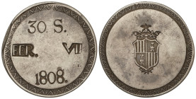 Spanish Monarchy: Ferdinand VII
30 Sous. 1808. MALLORCA. 26,41 grs. (Algo segmentada en gráfila del anverso). AC-1289. MBC.