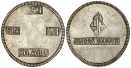 Spanish Monarchy: Ferdinand VII
30 Sous. 1821. MALLORCA. 26,82 grs. (Algo limpiada). AC-1293. MBC+.