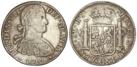 Spanish Monarchy: Ferdinand VII
8 Reales. 1810. MÉXICO. H.J. 26,95 grs. Acuñación floja en parte. (Limpiada). AC-1314. (MBC/MBC+).