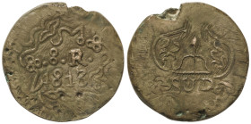 Spanish Monarchy: Ferdinand VII
8 Reales. 1813. MORELOS. 35,75 grs. AE. Con adornos. (Cospel algo faltado, grieta en canto). AC-1343. MBC-.